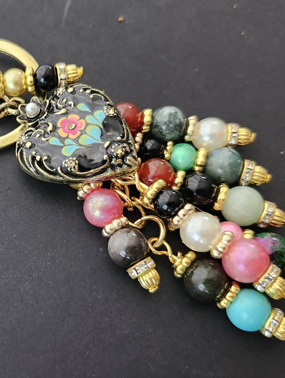 Heart Bag Charm Victorian-inspired Amazonite Obsidian Carnelian Handcrafted